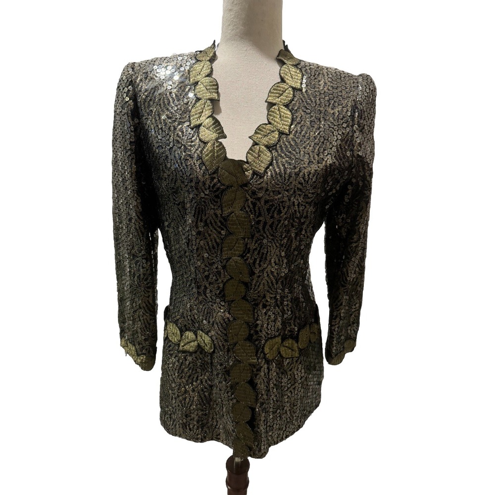 Vtg Black Gold Leaf Sequin Silk Evening Cocktail Jacket Holiday Elegant 10 L Med - Picture 2 of 12